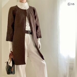 Talbots Petite Brown‎ Pure Irish Linen 3/4 Sleeve Open Front Jacket Swing Coat